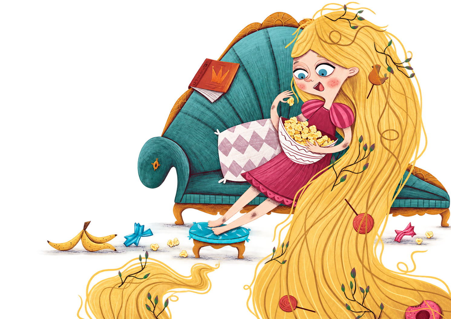 Rapunzel relaxing in an armchair with a bowl of popcorn