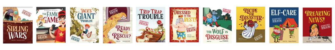 Ten colourful Fairytale Fraud book covers, including ELF-Care
